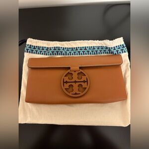 Tory Burch Tan Clutch with Logo Accent